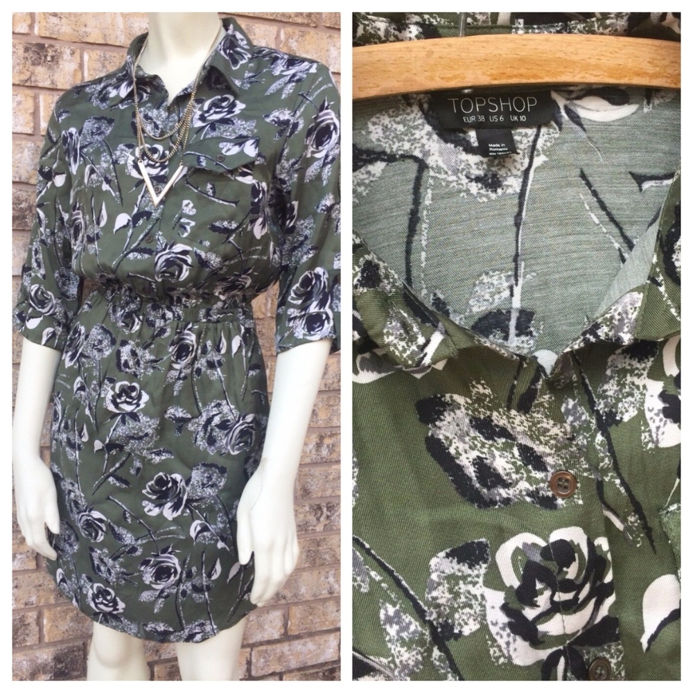 sz 6 TopShop olive floral sheath dress rose print‎